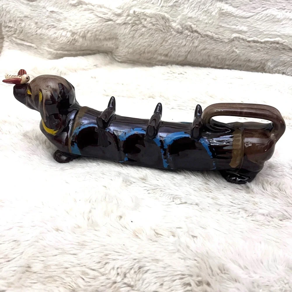 Suki Dachshund Wiener Dog Japanese Decanter Vintage Ceramic Brown Blue Dragonfly